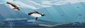 Realistic Antarctic underwater landscape. Two penguins floating in the sea water. Vector illustration